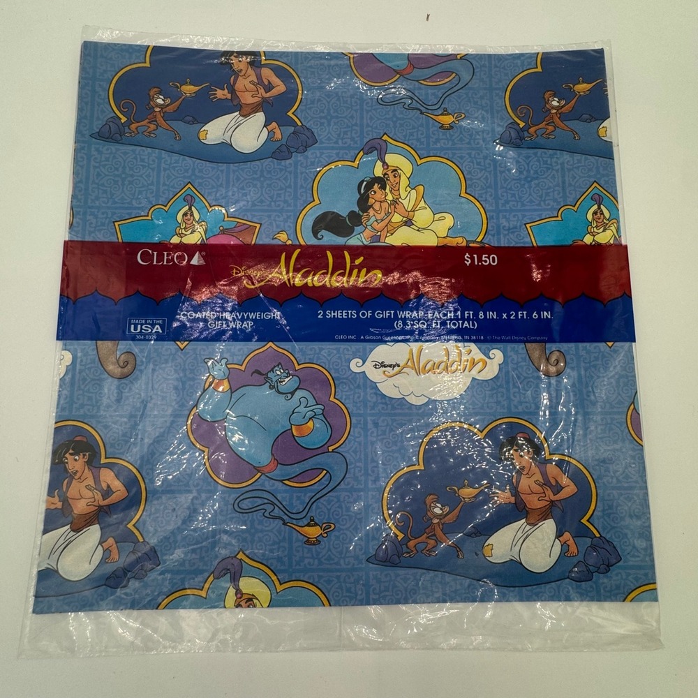 Vintage Disney Aladdin Gift Wrap Cleo 2 Sheets Blue Genie Jasmine Abu 1990s USA